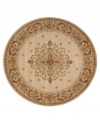 Evoking the opulence of European decor, this round rug features an elegant medallion design in shades of gold on a cream background dotted with rosettes. Woven of premium wool for rich texture and indulgent softness.