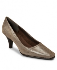 Co-workers will be certain to admire your polished, professional look, thanks to the leather Envy pumps by Aerosoles with a sleek lizard-embossed finish. A low covered heel and square-toe shape ensure comfort at the office and after hours.