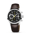 Raymond Weil's stainless steel automatic chronograph watch has a black dial, brown leather strap and deployment clasp. Also features a sapphire crystal and sweep second hand in sub-dial.