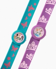 It's time for fun when she's wearing one of these brightly colored slap-on wristwatches with Disney Princesses and Fairies graphic!