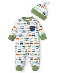 Zoom zoom! Your little dude will love this comfy, colorful car-print footie and matching hat from Offspring.