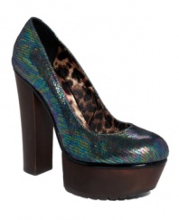 Nobody aims to make a small impression. Go for big with the Maxiii platform pumps by Betsey Johnson. Crafted in shimmering rainbow fabric, they sit atop a chunky wooden platform and heel.