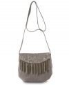 Multicolored metal fringe and coppery beads embellish this shimmery suede boho-chic flap bag from Lucky Brand.