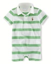 Soft cotton jersey coverall with a sporty rugby collar and bright stripe for an adorably preppy look.