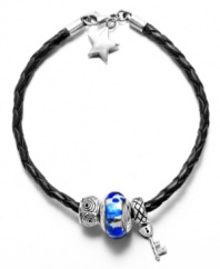 The perfect start to your very own piece of personalized jewelry! Donatella's stylish bracelet features a braided black leather cord, a star-shaped sterling silver clasp, and three unique starter beads. Donatella is a playful collection of charm bracelets and necklaces that can be personalized to suit your style! Available exclusively at Macy's. Approximate length: 7-1/2 inches.