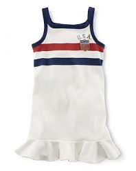 In celebration of Team USA's participation in the 2012 Olympics, a sporty ruffled dress features red, white and blue stripes and an embroidered flag patch for heritage flair.