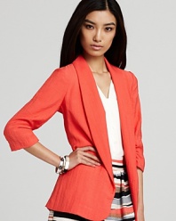 The Aqua blazer is the look of the moment and this colorful iteration flaunts chic shirred sleeves on an open silhouette--ideal for showcasing your fabulous new cami.