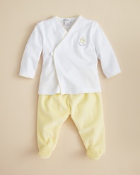 Crafted in luxurious velour, Kissy Kissy's wrap-front shirt and jacket wrap your baby in comfort and cute duck-embroidered style.