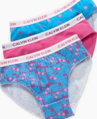Calvin Klein's got her covered with the bright patterns and comfortable fit of this convenient bikini 3 pack.