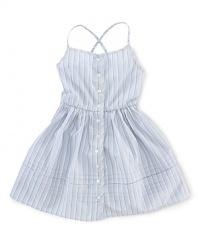A pretty, vintage-inspired striped dress features a full, gathered skirt for timeless style.
