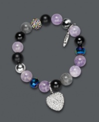 Perfect your look in a plethora of purple hues. This chic, clear elastic stretch bracelet highlights 10 mm beads that include light amethyst, black agate, labradorite, hematite, satin black agate, and blue tiger's eye. A pave-set crystal ball and heart charm, black faceted AB crystal rondelles, and polished sterling silver accents create the perfect finishing touch. Approximate diameter: 3 inches.