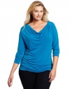Anne Klein Women's Plus-Size Long Sleeve Drape Neck Top, Blue, 2X