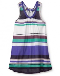 A ruched neckline and bold stripe pattern update Splendid Little's summery tank dress.