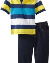 Nautica Sportswear Kids Baby-boys Infant Short Sleeve Striped Polo with Denim Jean, Lemonade, 18 Months