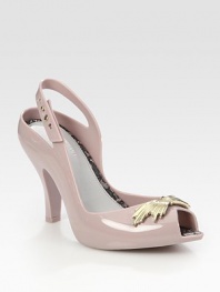 Glassy style with an adjustable slingback strap and unique goldtone bow adornment. Self-covered heel, 4½ (125mm)Rubber upperPadded insoleImported