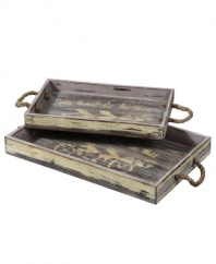 Functional and full of charm, Rafi trays are crafted of distressed wood with stripped ivory detail for a charming antique look. With woven grass handles.