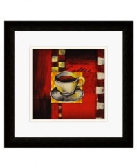Wake up tired kitchen decor with this enticing art print. A fresh cup of coffee cools on a collage of colorful check. The espresso-hued wood frame and crisp white mat add a contemporary note.
