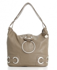 Glossy grommets and a large shiny loop take this bucket bag from Big Buddha to the next level of creative chic.