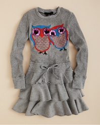 A double dose of cute owl prints, each trimmed with rhinestone accents at the eyes, makes this long sleeve top a wise look for your little gal.