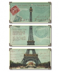 This unique Uttermost wall art takes an old French postcard of the Eiffel tower and presents it in 3 parts. It features stamps and postage marks and even a handwritten message in the bottom panel, inviting the viewer into the distant past.