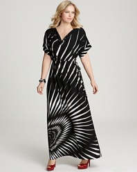 Adjust the waistline and sides of this starburst-printed Melissa Masse Plus maxi dress to craft a silhouette that's just-right for you.