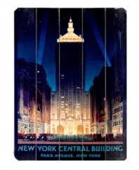 Offering a stupendous city view, this wooden sign brings the landmark Helmsley – formerly, New York Central – Building to light under a black night sky. An inspiring piece for city dwellings.