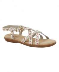 Printed florals and criss-crossing straps. GH Bass's Margie flat sandals go great with denim shorts.