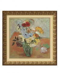 Vincent van Gogh puts his unique spin on a classic still life in this Roses and Anemones print. A bouquet of color framed in rich gold with ornate florals and red highlights revitalizes your living room or dining area.