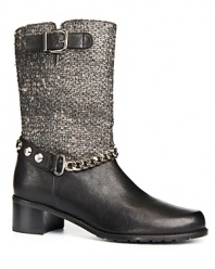 Stuart Weitzman's motorcycle boots are a study in contrasts, combining rock-and-roll leather and chains with refined tweed.