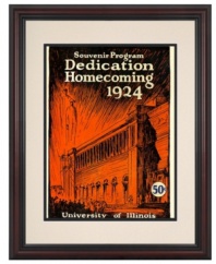 Take home a souvenir from the 1924 homecoming and dedication of Illinois Memorial Stadium. A restored game day program cover, this bold print puts Illini football fans in a fighting mood. With a cherry-finished frame and cream mat.