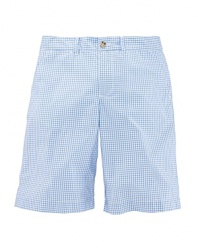 The essential flat-front Prospect short is updated for warmer weather in a gingham-checked lightweight woven cotton.