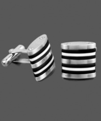 Show your true stripes. Spruce up any work look with the perfect accent. This sophisticated pair of men's cuff links features a chic striped design in black and white resin. Crafted in stainless steel. Approximate diameter: 1/2 inch.