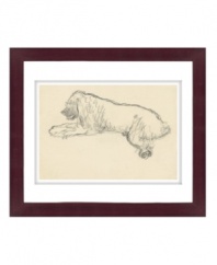 A lovable companion for relaxed decor, this shaggy pup is simply sketched and framed in cherry-colored wood for a look of effortless charm.