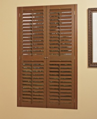 An effortless way to add classic style to any space, the Plantation faux wood shutter features slim slats which allow for just the right amount of filtered light and a convenient hook latch to keep two shutters closed.