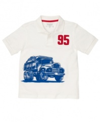 Monster and trucks and music, oh my! No matter what interests him, he'll have fun showing it off with this sporty graphic polo shirt from Osh Kosh.