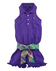 This adorable cotton mesh polo romper features a pretty belted sash at the waist and a ruffled hem.