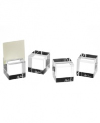 Set a special place for everyone with square place card holders by Oleg Cassini. Blocks of luminous crystal elevate every event, from wedding receptions to holiday banquets, with elegant sophistication.
