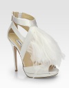 Make an entrance with this flirty satin silhouette defined by mesh cutouts and luxe Marabou ostrich feathers. Self-covered heel, 5½ (140mm)Covered platform, ½ (15mm)Compares to a 5 heel (125mm)Satin and mesh upper with dyed Marabou ostrich feathersBack zipLeather lining and solePadded insoleMade in Italy