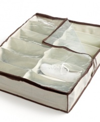 Under the bed, out of sight. The best storage keeps a low profile & this attractive shoe organizer takes 12 pairs and puts them in their place. A clear vinyl top keeps dust away and also gives you a clear view of the contents, while the tweed exterior with dark brown trim adds a simplistic accent to your space. 1-year warranty.