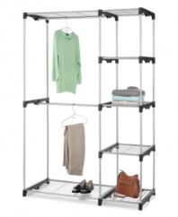 A freestanding storage system ideal for organizing your current closet or creating one on its own. With five extra strong wire shelves and two hanging bars, this freestanding closet makes room for all of your essentials and must-haves.