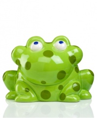 Just waiting to be fed, the Pitter Patter frog bank from Gorham sets his gaze on approaching nickels and dimes. Big spots in shades of green give it tons of personality that's fun for kids' rooms.