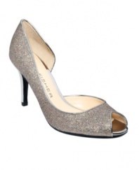 All that glitters: Marc Fisher's Joey peep-toe pumps sparkle with a glitter finish upper and silver tone 3 heel. Whether you wear them for a dressy formal event or just a fun night out on the town, they'll be sure to get plenty of attention!