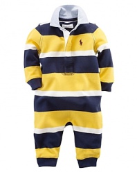 A preppy long-sleeved coverall is rendered in boldly striped cotton mesh.