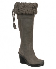 A charming sweater-knit cuff and swinging tassel offset the sleek, trendy style of Dr. Scholl's tall Builder boots. Crafted in leather, they'll look great with a casual denim or corduroy skirt.
