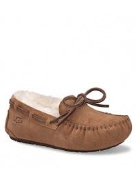 UGG® Australia Kids Dakota suede moccasins keeps your feet warm, comfortable and cozy with shearling lining to wick moisture away with and indoor/outdoor sole.