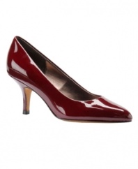 Perfectly polished: Made in glossy patent leather, Isola's Claret pointed-toe pumps add panache to your look--both at the office and out on the town. The low covered heel makes them comfortable and wearable, too.