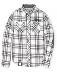 GUESS Kids' Jaspe shirt re-imagines a classic plaid work shirt with faux-suede trim and elbow patches.