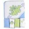 Spasilk 100% Cotton Hooded Terry Bath Towel with 4 Washcloths, Dinosaur Blue/Green