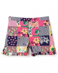 These cute Lilly Pulitzer shorts draw from numerous floral prints and striped patterns to create a charming patchwork design she'll love every day of the week.