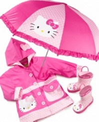 She's the cat's meow in this fabulously fuschia rain jacket with Hello Kitty decorations and soft jersey lining!